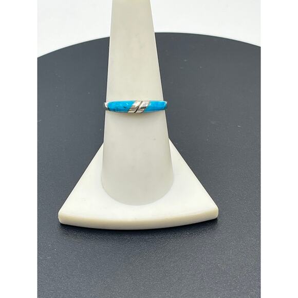 Sterling Silver Turquoise Channel Inlay Southwestern Native American Ring Sz 8 - Picture 2 of 10